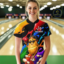 Load image into Gallery viewer, Person wearing a colorful bowling shirt with a cartoon potato design in a bowling alley.