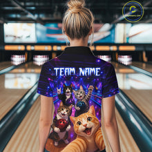 Load image into Gallery viewer, Person wearing a colorful shirt with cartoon cats in a bowling alley