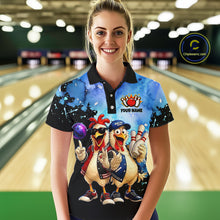 Load image into Gallery viewer, Person wearing a colorful polo shirt with cartoon chickens in a bowling alley