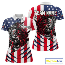 Load image into Gallery viewer, American flag-themed polo shirt with a lion design and customizable text, featuring the brand 'Chiptee Amz'.