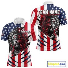 Load image into Gallery viewer, Polo shirt with American flag design and lion graphic, customizable text, Chiptee Amz brand visible.