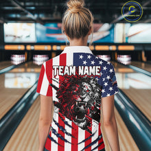Load image into Gallery viewer, Person wearing a shirt with an American flag design and a lion graphic in a bowling alley.