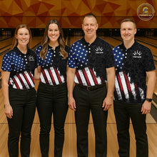 Load image into Gallery viewer, Four people wearing matching American flag-themed shirts on a bowling alley.