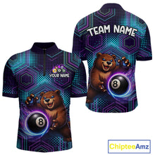 Load image into Gallery viewer, Two views of a quarter-zip shirt with a bear and 8-ball design on a geometric patterned background, featuring 'Chiptee Amz' branding.