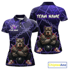 Load image into Gallery viewer, Custom purple cool pit bull bowling polo shirt, front and back views, bowling league jersey for women