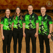 Load image into Gallery viewer, Four people wearing matching green bowling shirts with a logo on a bowling alley background.
