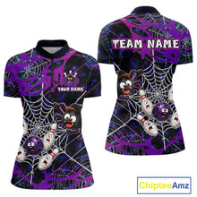 Load image into Gallery viewer,  Custom purple funny spider bowling quarter-zip shirt, front and back views, bowling league jersey for women