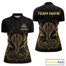 Load image into Gallery viewer, Custom black &amp; gold cobra bowling quarter-zip shirt, front and back views, bowling league jersey for women