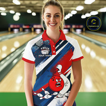 Load image into Gallery viewer, Red Blue &amp; White Crazy Bowling Ball Pin Women Bowling Team Shirt Bowling League Jersey QZT814