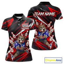 Load image into Gallery viewer, Custom red pit bull bowling polo shirt, front and back views, bowling league jersey for women