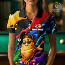 Load image into Gallery viewer, Colorful polo shirt with a potato character holding an 8-ball on a pool table background.