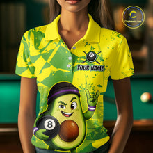 Load image into Gallery viewer, Person wearing a colorful polo shirt with an avocado character holding pool balls, pool table in the background