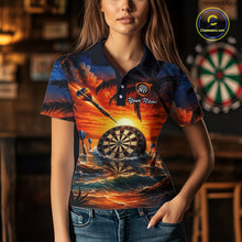 Load image into Gallery viewer, Custom Dart Team Shirts for Women Polo &amp; 1/4 Zip Dart Jersey Sunset Tropical Design Dartboard Shirt DHT30