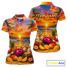Load image into Gallery viewer, Colorful polo shirt with a tropical design featuring a sunset, palm trees, and bowling elements. 'Chiptee Amz' branding is visible.