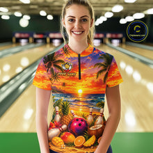 Load image into Gallery viewer, Person wearing a colorful bowling shirt with a tropical design in a bowling alley.
