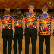 Load image into Gallery viewer, Four people wearing colorful bowling shirts with a sunset design and 'Team Name' text on a bowling alley.