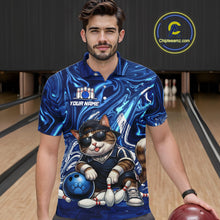 Load image into Gallery viewer, Man wearing a blue bowling-themed shirt with a cat design in a bowling alley.