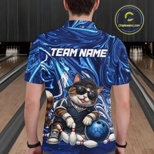 Load image into Gallery viewer, Person wearing a blue bowling shirt with a cat graphic and 'TEAM NAME' text in a bowling alley.