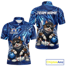 Load image into Gallery viewer, Blue marbled bowling-themed shirt with cartoon cat and customizable text, featuring Chiptee Amz branding.