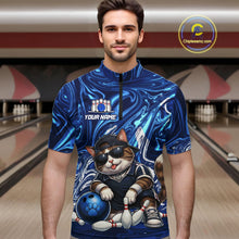 Load image into Gallery viewer, Man wearing a blue bowling jersey with a cat graphic in a bowling alley.