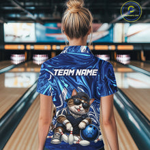 Load image into Gallery viewer, Person wearing a blue bowling shirt with a cat design and 'TEAM NAME' text in a bowling alley.