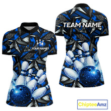 Load image into Gallery viewer, Blue Rhinestone Bowling Shirt for Women Custom Bowling Team Jersey Polo &amp; Quarter-Zip QZT1003