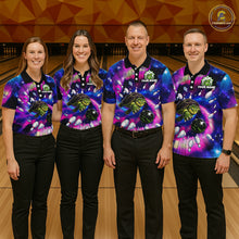 Load image into Gallery viewer, Four people wearing colorful turtle bowling shirts with a bowling alley in the background