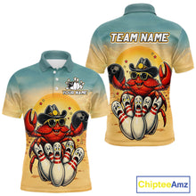 Load image into Gallery viewer, Two polo shirts with a crabs bowling design on a gradient background, featuring 'Chiptee Amz' branding.