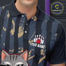 Load image into Gallery viewer, Navy blue polo shirt with bowling design and 'Your Name' text, featuring a cat graphic in the corner.