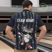 Load image into Gallery viewer, Man wearing a bowling shirt with a cartoon cat design and 'TEAM NAME' text in a bowling alley.