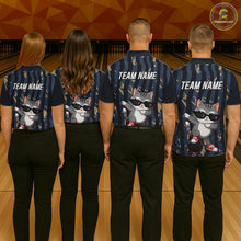 Load image into Gallery viewer, Four people wearing matching bowling shirts with a cat graphic and 'Team Name' text on a bowling alley background.