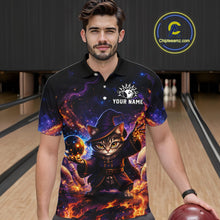 Load image into Gallery viewer, Man wearing a black polo shirt with a cat wizard design on a bowling alley.