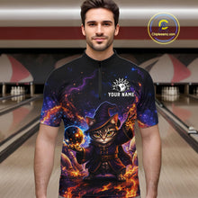Load image into Gallery viewer, Man wearing a colorful shirt with a cat wizard design in a bowling alley.