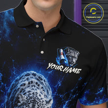 Load image into Gallery viewer, Black polo shirt with leopard design and customizable text on a blue and black background