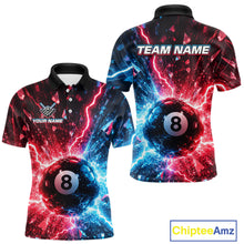 Load image into Gallery viewer, Polo shirt with 8-ball design and customizable text on a white background
