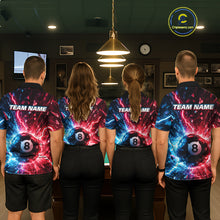 Load image into Gallery viewer, Four people wearing matching team shirts with a pool ball design in a bar setting.
