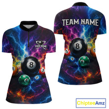 Load image into Gallery viewer, Colorful polo shirt with billiard ball design on a white background, featuring 'Chiptee Amz' branding.