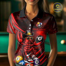 Load image into Gallery viewer, Person wearing a custom polo shirt with a crawfish in a cowboy hat and sunglasses design, pool balls, and 'Your Name' text.