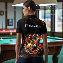 Load image into Gallery viewer, Person wearing a black shirt with a pool-themed design and 'Team Name' text in a billiard room.