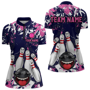 Navy Pink Funny Bowling Team Shirt for Women Bowling League Jersey Polo & 1/4 Zip Bowler Outfit QZT781