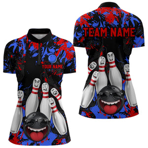 Red Blue Funny Bowling Team Shirt for Women Custom Bowling League Jersey Polo & 1/4 Zip Bowler Outfit QZT781