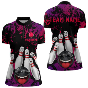 Red Purple Funny Bowling Team Shirt for Women Custom Bowling League Jersey Polo & 1/4 Zip Bowler Outfit QZT781