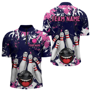 Navy Pink Funny Bowling Team Shirt for Men Bowling League Jersey Polo & 1/4 Zip Bowler Outfit QZT781