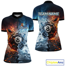 Load image into Gallery viewer, Two polo shirts with a 8-ball design and 'Team Name' text on a white background.
