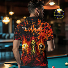 Load image into Gallery viewer, Person wearing a shirt with a fiery design and text, standing in a pool hall.