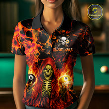 Load image into Gallery viewer, Person wearing a shirt with a fiery design and pool ball symbols, with a blurred background.