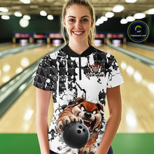 Load image into Gallery viewer, Woman wearing a bowling-themed shirt with a dog graphic in a bowling alley.