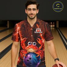 Load image into Gallery viewer, Man wearing a colorful shirt with a crab and bowling ball design on a bowling alley.