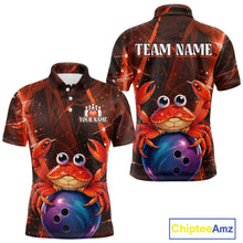 Load image into Gallery viewer, Polo shirt with a crab and bowling ball design, customizable with 'Your Name' and 'Team Name'.