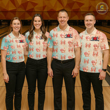 Load image into Gallery viewer, Four people wearing matching shirts with a crabs pattern in a bowling alley.